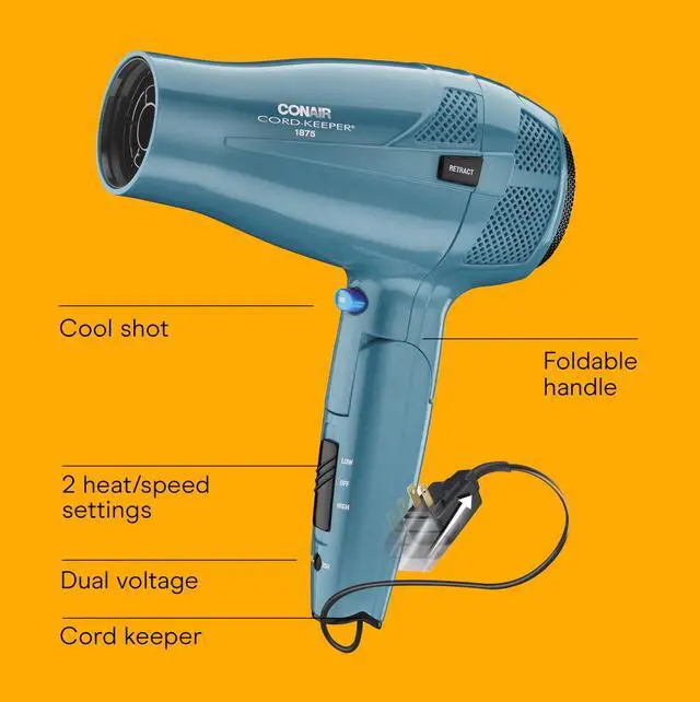 Alt view image 9 of 14 - Cord-Keeper Dryer with Folding Handle and Retractable Cord, 1875W Travel Hair Dryer, Ionic Technology, Teal
