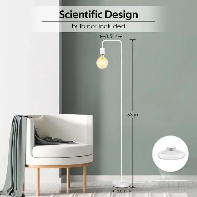Alt view image 11 of 14 - Floor Lamp, White Industrial Floor Lamp, 63In Standing Lamp, E26 Socket, On/Off Footswitch, Whole Metal, ETL Listed, Modern Small Lamp for Bedroom, Living Room, Minimalist, Vintage, Mid-Age