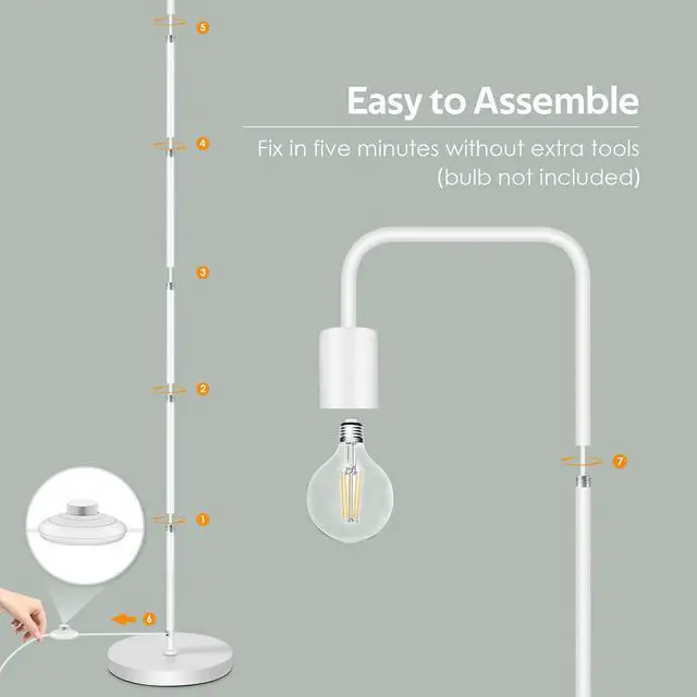 Alt view image 12 of 14 - Floor Lamp, White Industrial Floor Lamp, 63In Standing Lamp, E26 Socket, On/Off Footswitch, Whole Metal, ETL Listed, Modern Small Lamp for Bedroom, Living Room, Minimalist, Vintage, Mid-Age