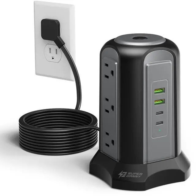 Alt view image 8 of 14 - Power Strip Tower Surge Protector, Desktop Charging Station, 10 Ft Extension Cord, 9 Outlets, 4 USB Ports, 1080 Joules, 3-Prong, Grounded, Multiple Protections for Home, Office, Black