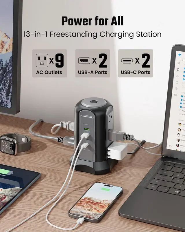 Alt view image 10 of 14 - Power Strip Tower Surge Protector, Desktop Charging Station, 10 Ft Extension Cord, 9 Outlets, 4 USB Ports, 1080 Joules, 3-Prong, Grounded, Multiple Protections for Home, Office, Black