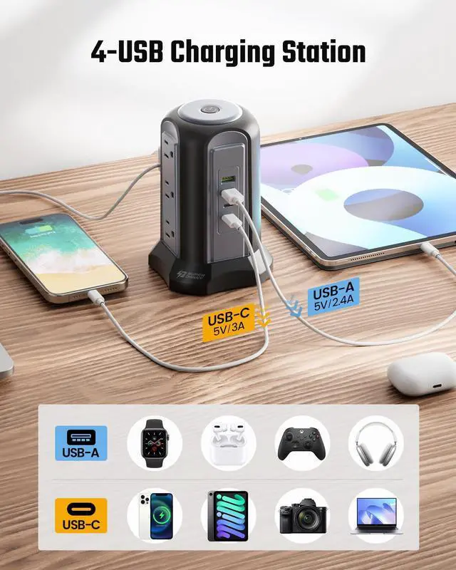 Alt view image 11 of 14 - Power Strip Tower Surge Protector, Desktop Charging Station, 10 Ft Extension Cord, 9 Outlets, 4 USB Ports, 1080 Joules, 3-Prong, Grounded, Multiple Protections for Home, Office, Black