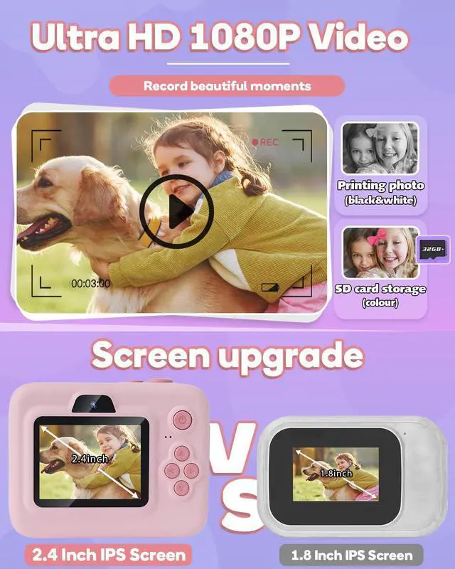 Alt view image 11 of 14 - Kids Camera Instant Print,1080P Kids Instant Cameras that Print Photos,Christmas Birthday Gifts for Girls Age 3-12,Portable Toy for 3 4 5 6 7 8 9 10 Year Old Girls Boys Pink