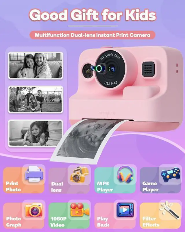 Alt view image 9 of 14 - Kids Camera Instant Print,1080P Kids Instant Cameras that Print Photos,Christmas Birthday Gifts for Girls Age 3-12,Portable Toy for 3 4 5 6 7 8 9 10 Year Old Girls Boys Pink