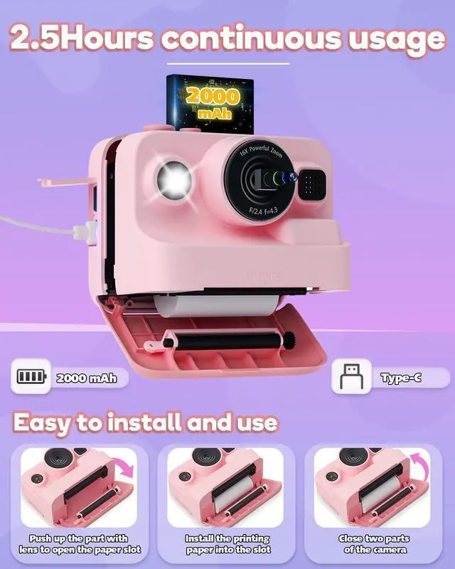 Alt view image 14 of 14 - Kids Camera Instant Print,1080P Kids Instant Cameras that Print Photos,Christmas Birthday Gifts for Girls Age 3-12,Portable Toy for 3 4 5 6 7 8 9 10 Year Old Girls Boys Pink