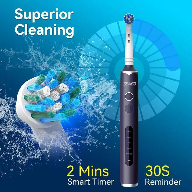 Alt view image 12 of 14 - Rotating Electric Toothbrush with 8 Round Brush Heads, with 5 Cleaning Modes, Sonic Technology Whitening Teeth in 14 Days, for Adult and Kids, SG-2603 (Blue)