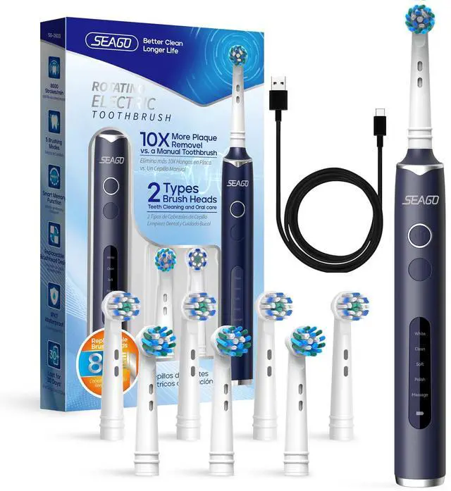 Alt view image 8 of 14 - Rotating Electric Toothbrush with 8 Round Brush Heads, with 5 Cleaning Modes, Sonic Technology Whitening Teeth in 14 Days, for Adult and Kids, SG-2603 (Blue)