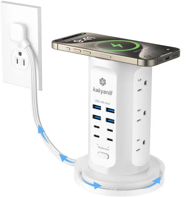 Alt view image 8 of 14 - Power Strip Tower, Surge Protector Tower 9 AC Outlets 8 USB (4 USB C), 6 Ft Retractable Extension Cord, Charging Station for Office Dorm Room, White