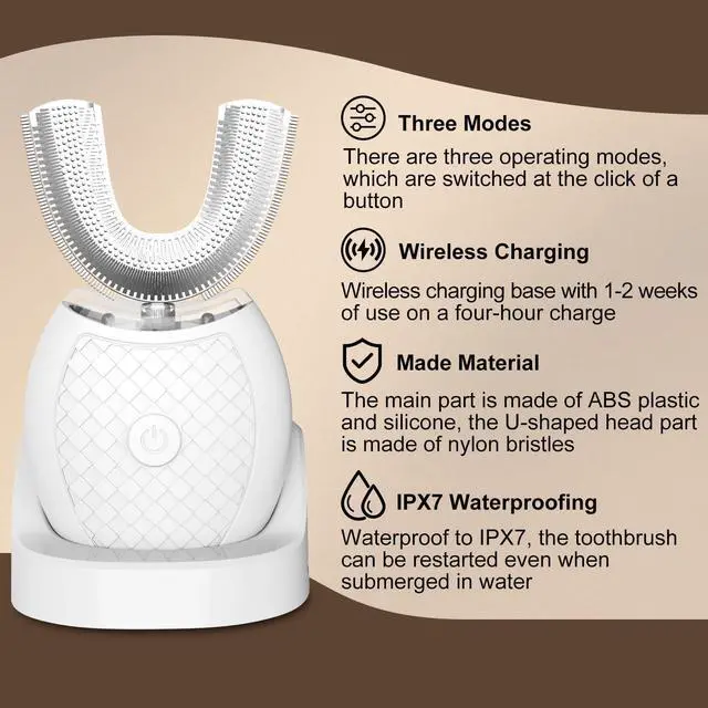 Alt view image 8 of 12 - Ultrasonic Toothbrush for Adults, U-Shaped Hands-Free Design 360° Clean Teeth Fast, 3 Modes for Whitening,Electric Automatic Toothbrush Set for Home or Travel(White)