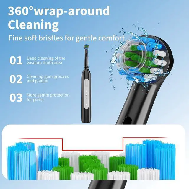 Alt view image 10 of 14 - Rotating Electric Toothbrush - 3 Cleaning Modes, Smart Memory & 2-Minute Timer, Type-C Rechargeable Sonic Toothbrush with Low Battery Alert, Includes 8 Replacement Brush Head (Black)