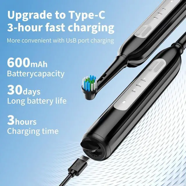 Alt view image 9 of 14 - Rotating Electric Toothbrush - 3 Cleaning Modes, Smart Memory & 2-Minute Timer, Type-C Rechargeable Sonic Toothbrush with Low Battery Alert, Includes 8 Replacement Brush Head (Black)