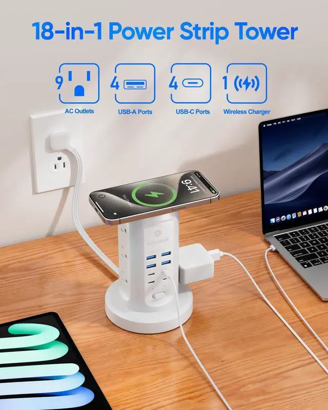 Alt view image 10 of 14 - Power Strip Tower, Surge Protector Tower 9 AC Outlets 8 USB (4 USB C), 6 Ft Retractable Extension Cord, Charging Station for Office Dorm Room, White