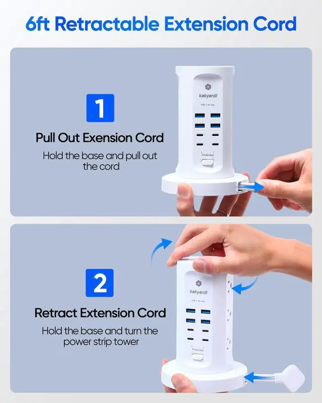 Alt view image 9 of 14 - Power Strip Tower, Surge Protector Tower 9 AC Outlets 8 USB (4 USB C), 6 Ft Retractable Extension Cord, Charging Station for Office Dorm Room, White