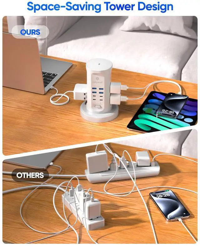 Alt view image 12 of 14 - Power Strip Tower, Surge Protector Tower 9 AC Outlets 8 USB (4 USB C), 6 Ft Retractable Extension Cord, Charging Station for Office Dorm Room, White