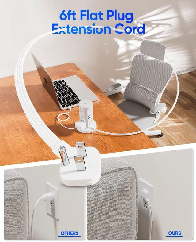 Alt view image 14 of 14 - Power Strip Tower, Surge Protector Tower 9 AC Outlets 8 USB (4 USB C), 6 Ft Retractable Extension Cord, Charging Station for Office Dorm Room, White
