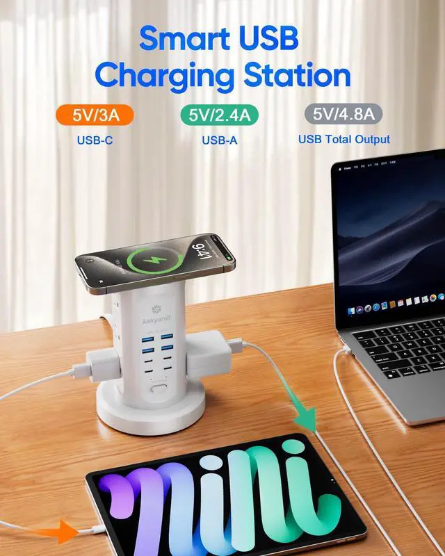 Alt view image 13 of 14 - Power Strip Tower, Surge Protector Tower 9 AC Outlets 8 USB (4 USB C), 6 Ft Retractable Extension Cord, Charging Station for Office Dorm Room, White