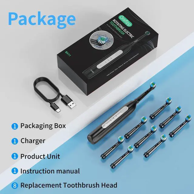 Alt view image 14 of 14 - Rotating Electric Toothbrush - 3 Cleaning Modes, Smart Memory & 2-Minute Timer, Type-C Rechargeable Sonic Toothbrush with Low Battery Alert, Includes 8 Replacement Brush Head (Black)