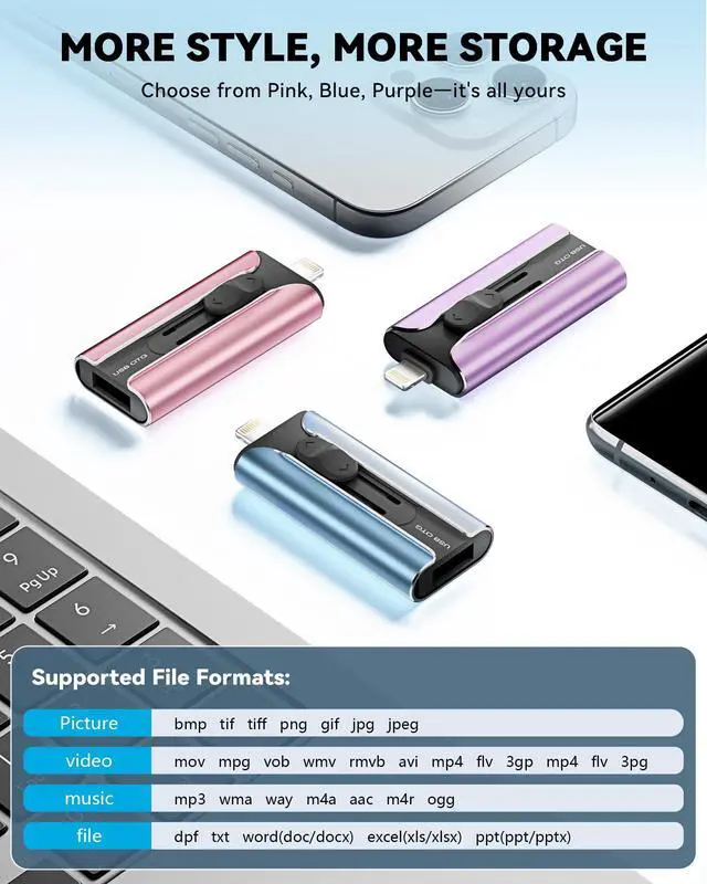 Alt view image 12 of 14 - MFi Certified Flash Drive 256GB for iPhone Thumb Drive Photo Stick, High Speed USB Memory Stick iPhone Flash Drive for Photos Videos, External Storage Jump Drive for iPhone/iPad/Android/PC (Blue)