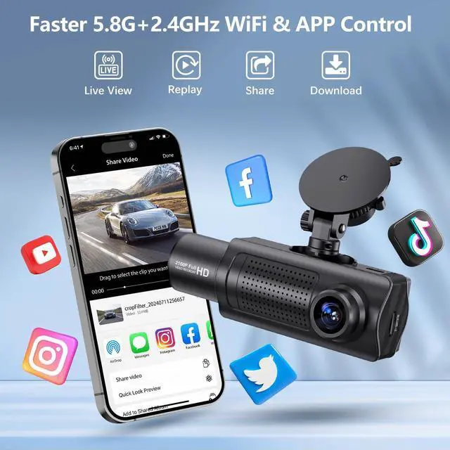 Alt view image 9 of 14 - 4K+1080P+1080P 5.8GHz WiFi Dash Cam Front and Rear Inside, Free 64G SD Card, 4K UHD 3 Channel Dash Camera for Cars, 360° All Sides Dashcam, G-Sensor, Night Vision, WDR, 24H Parking Monitor