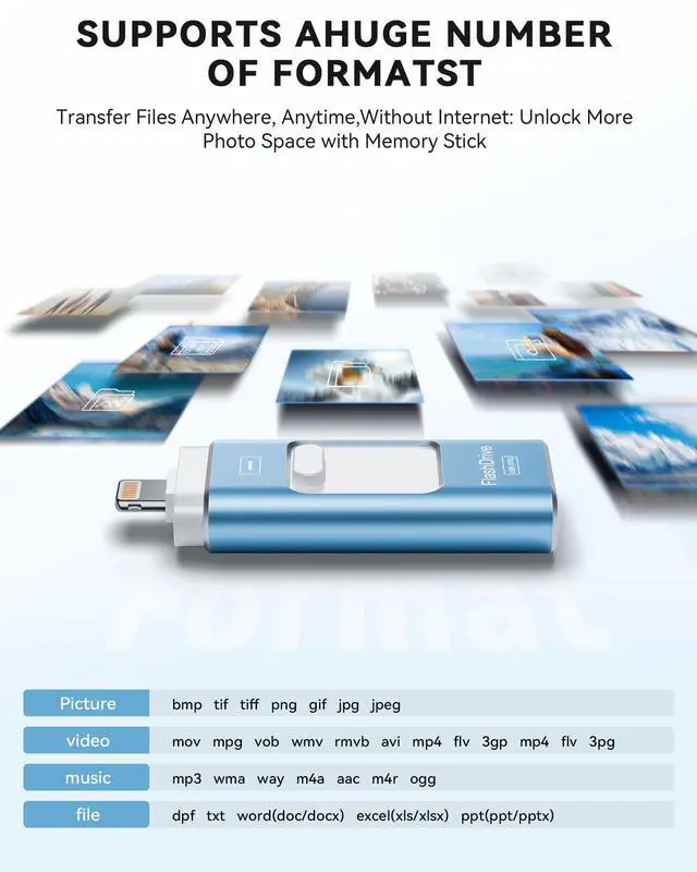 Alt view image 14 of 14 - MFi Certified Flash Drive for iPhone 256GB, Photo Stick Memory Stick for iPad, USB Thumb Drive for Photos Videos Transfer & Backup, External Storage Compatible for iPhone/Android/PC/Mac (Light Blue)