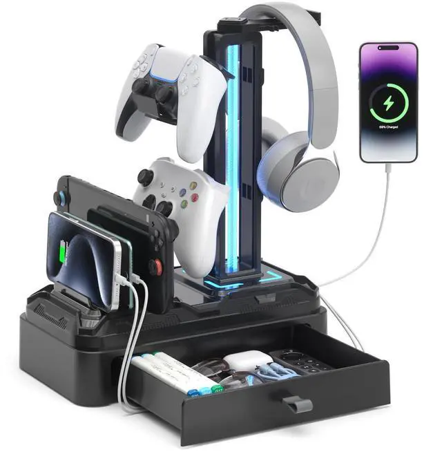 Alt view image 8 of 14 - Headphone Stand with USB A&C Charger Ports - RGB Controller Stand with Detachable Hooks - Rotatable Headset Hanger & Device Slot for Phones/Tablets - Drawer Storage Base for Gaming Desk Organizer