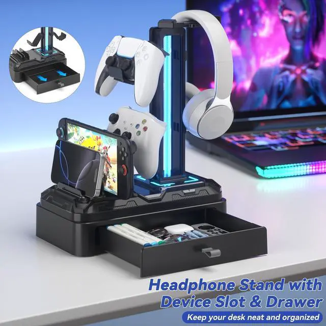 Alt view image 9 of 14 - Headphone Stand with USB A&C Charger Ports - RGB Controller Stand with Detachable Hooks - Rotatable Headset Hanger & Device Slot for Phones/Tablets - Drawer Storage Base for Gaming Desk Organizer