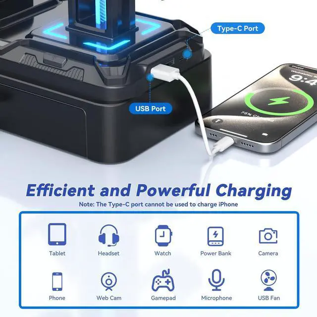 Alt view image 11 of 14 - Headphone Stand with USB A&C Charger Ports - RGB Controller Stand with Detachable Hooks - Rotatable Headset Hanger & Device Slot for Phones/Tablets - Drawer Storage Base for Gaming Desk Organizer