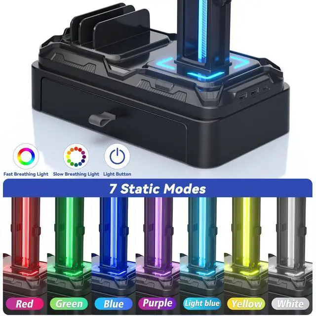 Alt view image 10 of 14 - Headphone Stand with USB A&C Charger Ports - RGB Controller Stand with Detachable Hooks - Rotatable Headset Hanger & Device Slot for Phones/Tablets - Drawer Storage Base for Gaming Desk Organizer