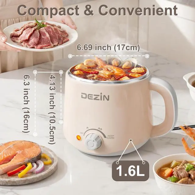 Alt view image 10 of 14 - Electric Pot, 1.6L Ramen Cooker, Hot Pot Electric Stainless Steel, Multifunctional Cooker for Egg, Pasta, Soup, Porridge, Oatmeal with Temperature Control and Keep Warm Function