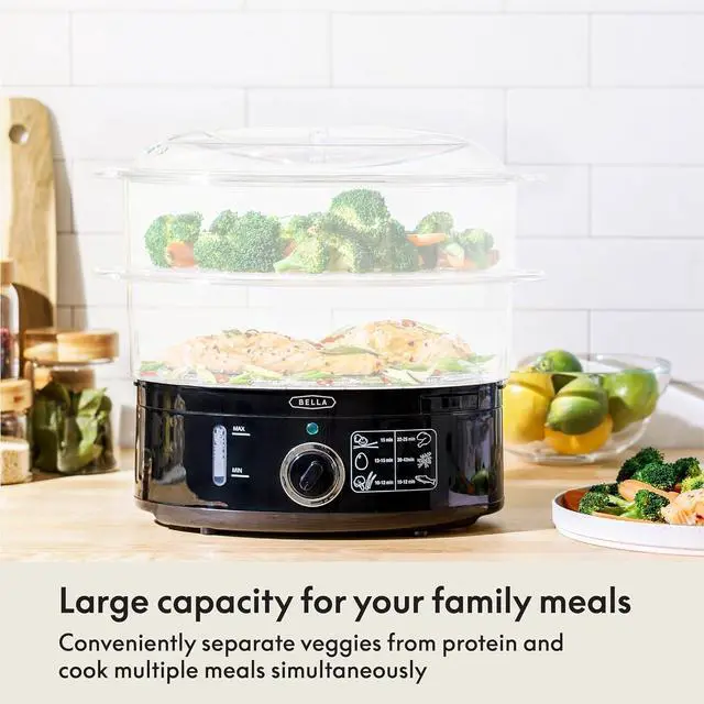 Alt view image 11 of 14 - Two Tier Food Steamer with Stackable Baskets & Removable Base for Fast Simultaneous Cooking - Auto Shutoff & Boil Dry Protection, 7.4 QT, Black