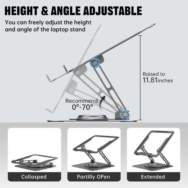 Alt view image 11 of 14 - Laptop Stand for Desk, Adjustable Computer Stand with 360° Rotating Base, Ergonomic Laptop Riser for Collaborative Work, Foldable & Portable Laptop Stand, fits for All 10-16" Laptops (Grey)