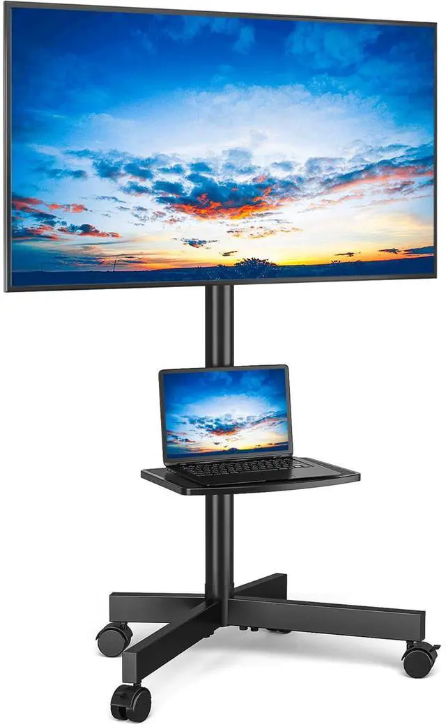 Alt view image 8 of 14 - Mobile TV Stand for 23-60 Inch LCD LED Flat/Curved Panel Screen TVs up to 88 lbs, Rolling TV Stand with Adjustable Shelf & Tilt, Portable Floor Stand on Wheels for Bedroom, Living Room, Office