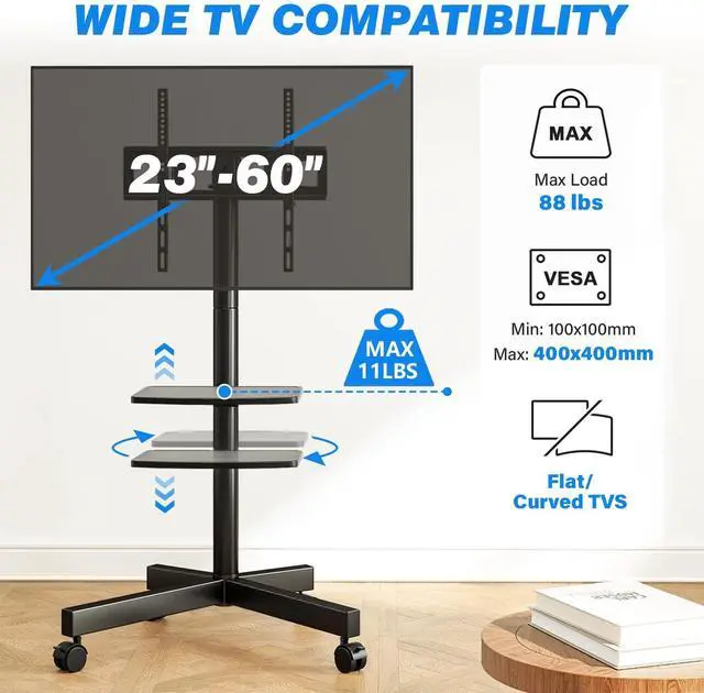 Alt view image 9 of 14 - Mobile TV Stand for 23-60 Inch LCD LED Flat/Curved Panel Screen TVs up to 88 lbs, Rolling TV Stand with Adjustable Shelf & Tilt, Portable Floor Stand on Wheels for Bedroom, Living Room, Office