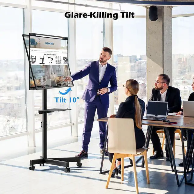Alt view image 9 of 14 - Mobile TV Stand with Tilt, Rolling TV Stand on Wheels for 2360 Inch LED LCD TVs, Portable TV Cart with Adjustable Media Shelf for Living Room, Bedroom, Office, Holds 88 lbs, Max VESA 400x400mm