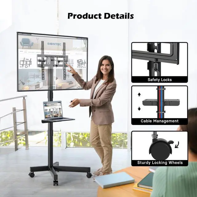 Alt view image 11 of 14 - Mobile TV Stand with Tilt, Rolling TV Stand on Wheels for 2360 Inch LED LCD TVs, Portable TV Cart with Adjustable Media Shelf for Living Room, Bedroom, Office, Holds 88 lbs, Max VESA 400x400mm