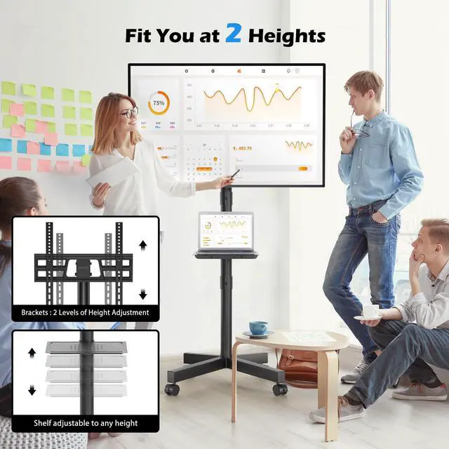 Alt view image 10 of 14 - Mobile TV Stand with Tilt, Rolling TV Stand on Wheels for 2360 Inch LED LCD TVs, Portable TV Cart with Adjustable Media Shelf for Living Room, Bedroom, Office, Holds 88 lbs, Max VESA 400x400mm