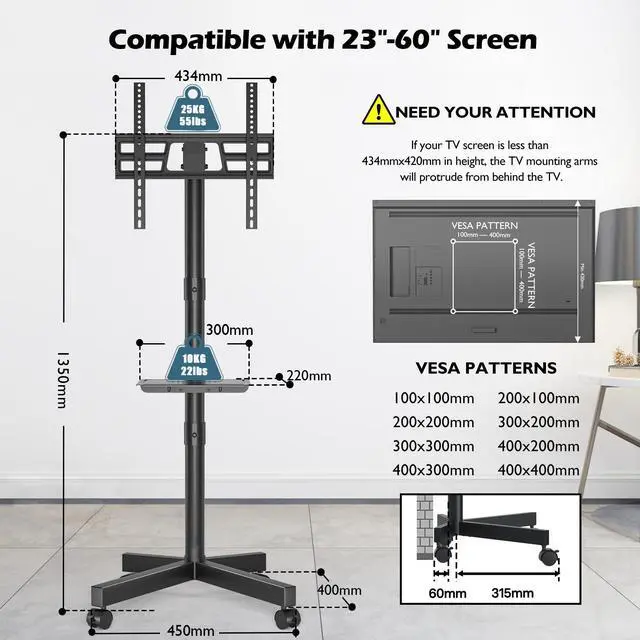 Alt view image 12 of 14 - Mobile TV Stand with Tilt, Rolling TV Stand on Wheels for 2360 Inch LED LCD TVs, Portable TV Cart with Adjustable Media Shelf for Living Room, Bedroom, Office, Holds 88 lbs, Max VESA 400x400mm