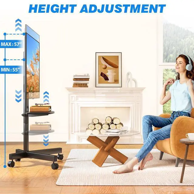 Alt view image 10 of 14 - Mobile TV Stand for 23-60 Inch LCD LED Flat/Curved Panel Screen TVs up to 88 lbs, Rolling TV Stand with Adjustable Shelf & Tilt, Portable Floor Stand on Wheels for Bedroom, Living Room, Office