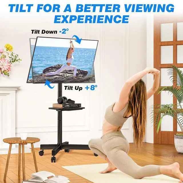 Alt view image 11 of 14 - Mobile TV Stand for 23-60 Inch LCD LED Flat/Curved Panel Screen TVs up to 88 lbs, Rolling TV Stand with Adjustable Shelf & Tilt, Portable Floor Stand on Wheels for Bedroom, Living Room, Office