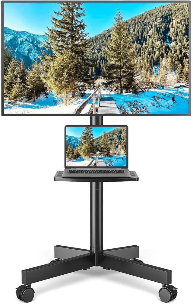 Alt view image 8 of 14 - Rolling TV Stand with Shelf for 23-65 inch TVs up to 88lbs, Portable Mobile TV Cart with Silent Wheel, Tilt & Height Adjustable Universal Corner TV Stand for Bedroom, Living Room, Office