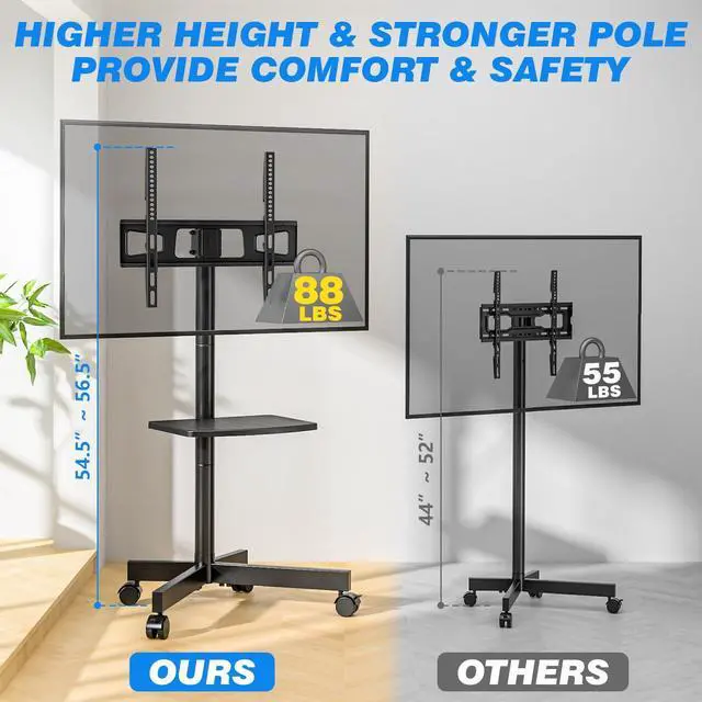 Alt view image 9 of 14 - Rolling TV Stand with Shelf for 23-65 inch TVs up to 88lbs, Portable Mobile TV Cart with Silent Wheel, Tilt & Height Adjustable Universal Corner TV Stand for Bedroom, Living Room, Office
