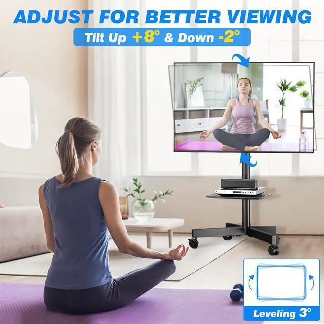Alt view image 11 of 14 - Rolling TV Stand with Shelf for 23-65 inch TVs up to 88lbs, Portable Mobile TV Cart with Silent Wheel, Tilt & Height Adjustable Universal Corner TV Stand for Bedroom, Living Room, Office