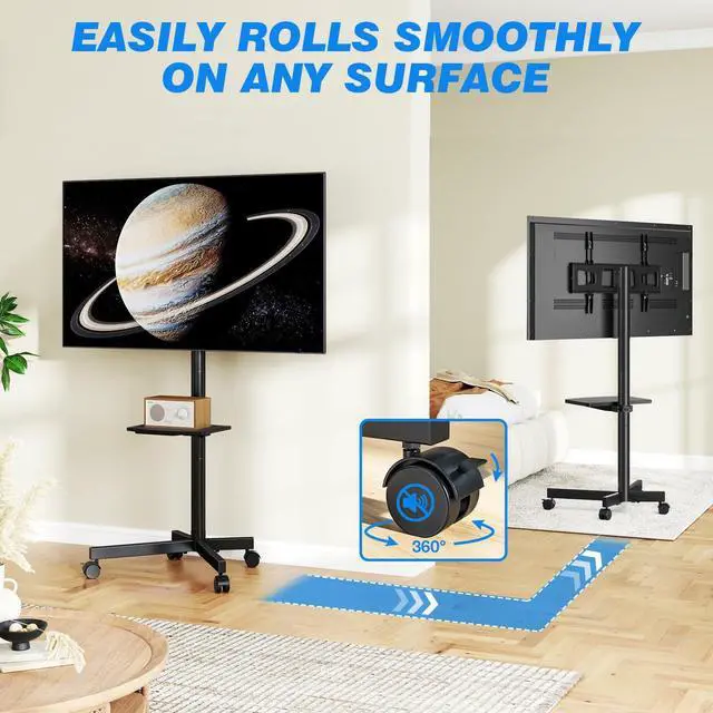 Alt view image 12 of 14 - Rolling TV Stand with Shelf for 23-65 inch TVs up to 88lbs, Portable Mobile TV Cart with Silent Wheel, Tilt & Height Adjustable Universal Corner TV Stand for Bedroom, Living Room, Office