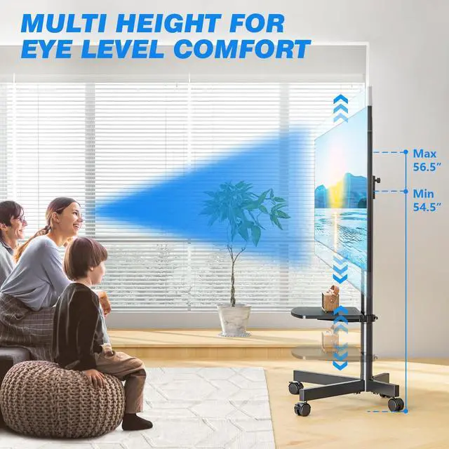 Alt view image 10 of 14 - Rolling TV Stand with Shelf for 23-65 inch TVs up to 88lbs, Portable Mobile TV Cart with Silent Wheel, Tilt & Height Adjustable Universal Corner TV Stand for Bedroom, Living Room, Office