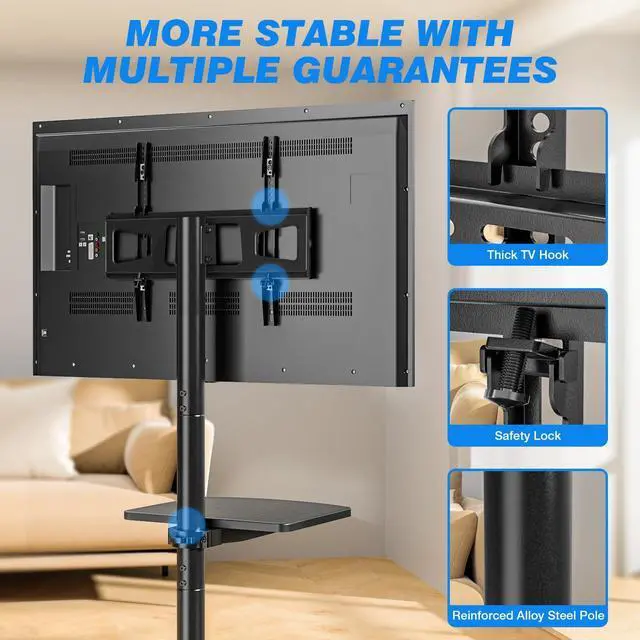 Alt view image 13 of 14 - Rolling TV Stand with Shelf for 23-65 inch TVs up to 88lbs, Portable Mobile TV Cart with Silent Wheel, Tilt & Height Adjustable Universal Corner TV Stand for Bedroom, Living Room, Office