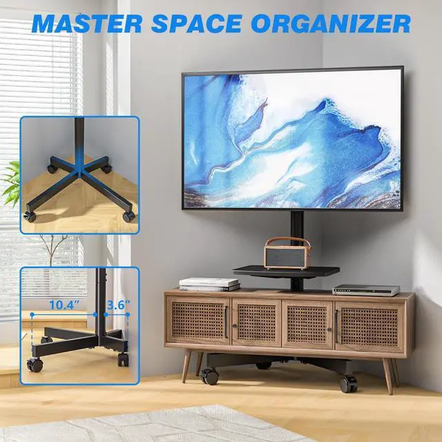 Alt view image 14 of 14 - Rolling TV Stand with Shelf for 23-65 inch TVs up to 88lbs, Portable Mobile TV Cart with Silent Wheel, Tilt & Height Adjustable Universal Corner TV Stand for Bedroom, Living Room, Office