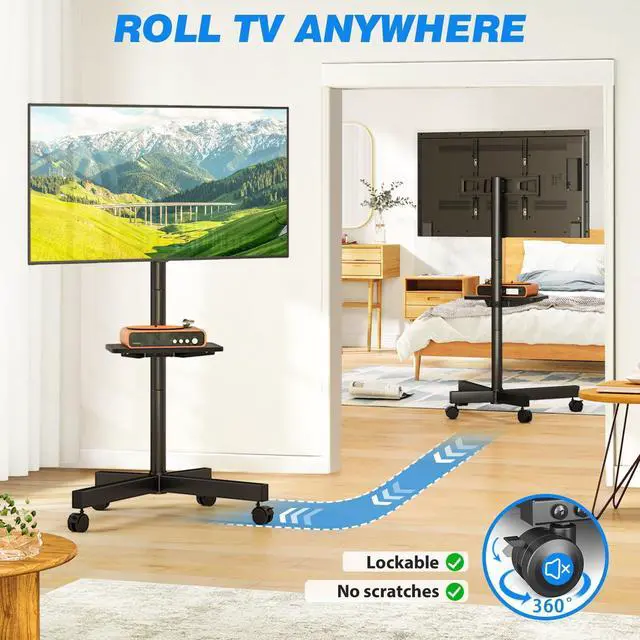 Alt view image 12 of 14 - Mobile TV Stand for 23-60 Inch LCD LED Flat/Curved Panel Screen TVs up to 88 lbs, Rolling TV Stand with Adjustable Shelf & Tilt, Portable Floor Stand on Wheels for Bedroom, Living Room, Office