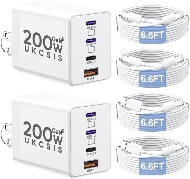 Alt view image 7 of 12 - 2 Pack 200W USB C Charger Block, Adapter for iPhone 17/16/15 Pro Max Charger Fast Charging, Foldable 4-Port GaN5 Fast Charging Block, Dual 65W Laptop Super Fast Charger Type C for MacBook Pro/Air iPad