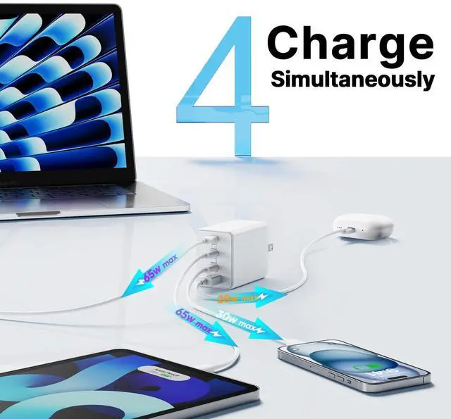 Alt view image 11 of 12 - 2 Pack 200W USB C Charger Block, Adapter for iPhone 17/16/15 Pro Max Charger Fast Charging, Foldable 4-Port GaN5 Fast Charging Block, Dual 65W Laptop Super Fast Charger Type C for MacBook Pro/Air iPad
