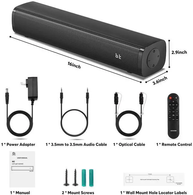 Alt view image 14 of 14 - 2.1 Sound Bars for TV, Built-in Subwoofer, 6 Levels Voice Enhancement, 16 Inches TV Soundbar Speakers with Bluetooth 5.3/Optical/AUX/USB Connection, Wall Mount, 3 EQ Modes, S100